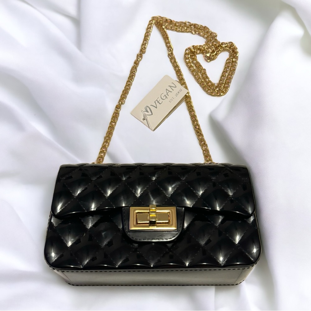 Black Jelly Quilted Compact Handbag With Gold Hardware